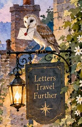 An owl carrying a sealed letter, perched on a sign that reads Letters Travel Further